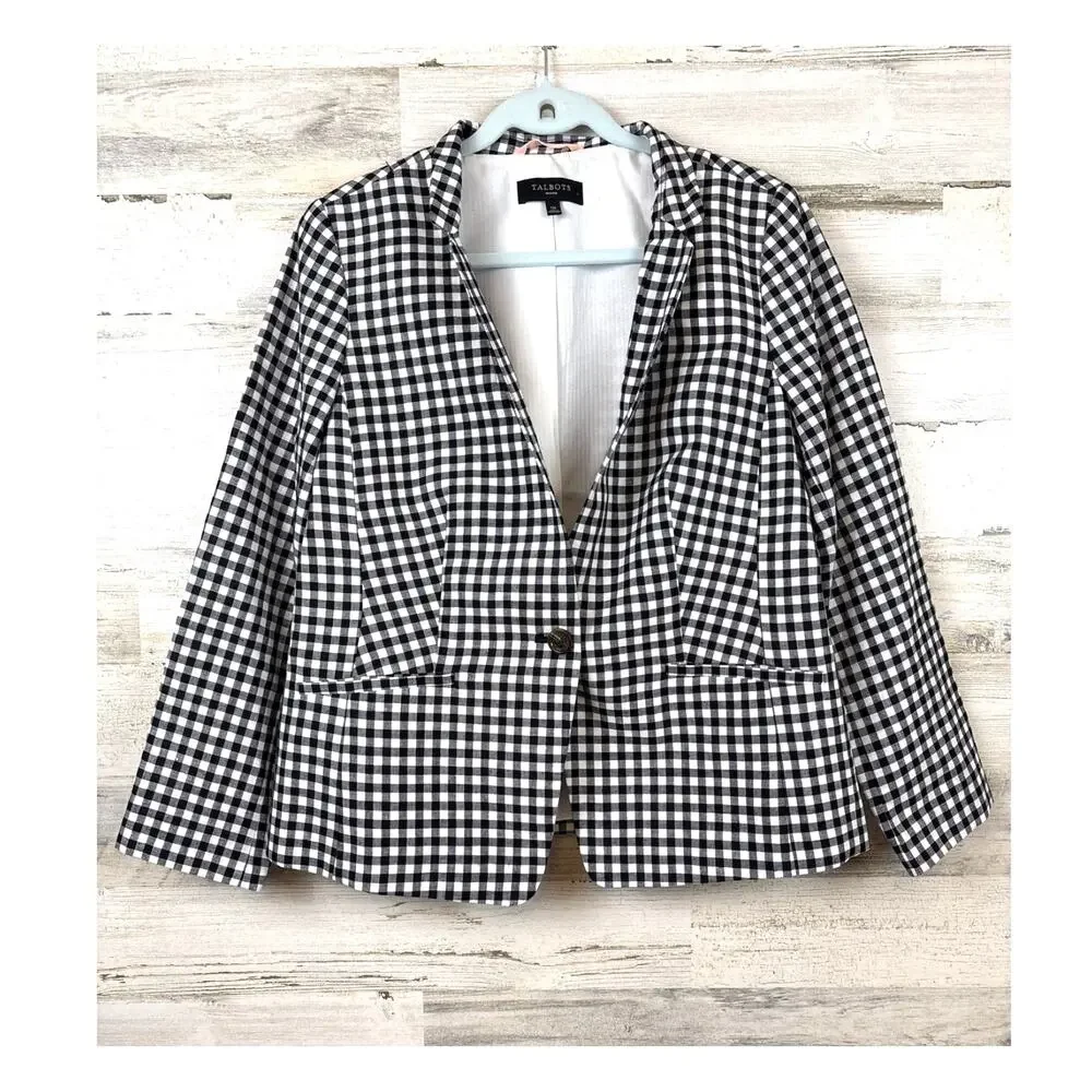 Talbots Womens 12 Petite Black White Gingham Linen Blazer Preppy NEW